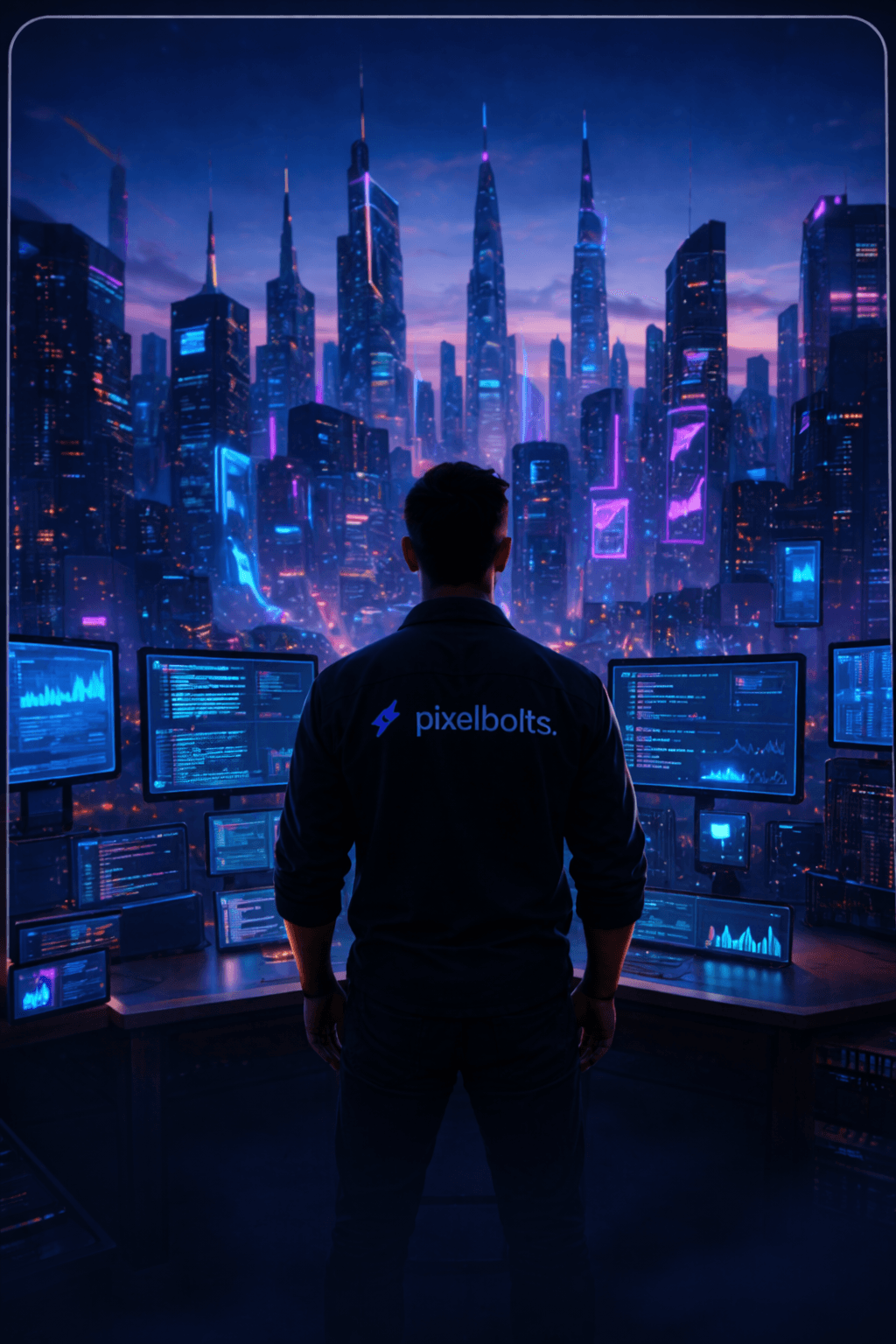 Developer workspace with pixelbolts branding and neon city view